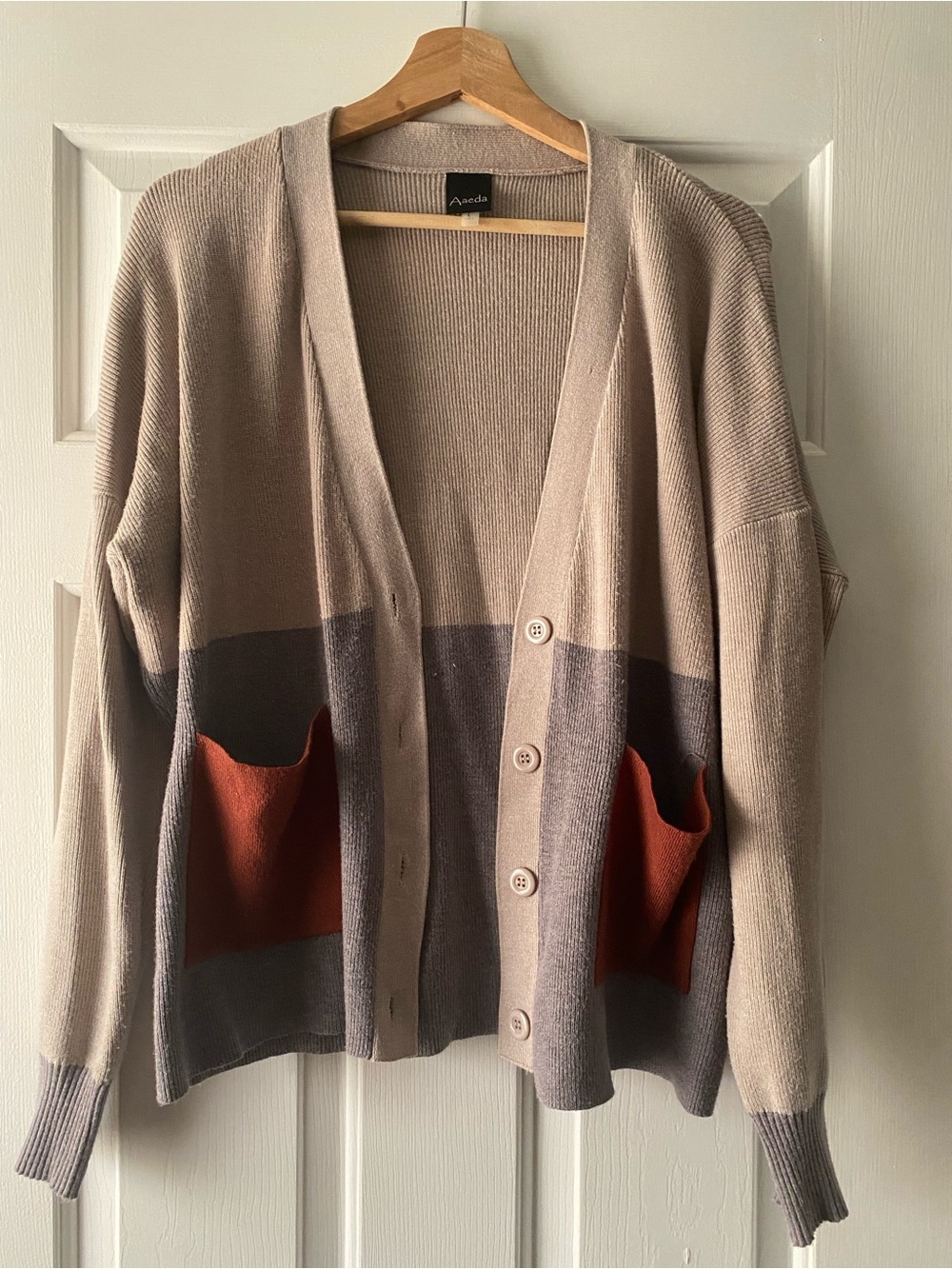 Aaeda Neutral Tone Colorblock Cardigan with Rust Pockets
